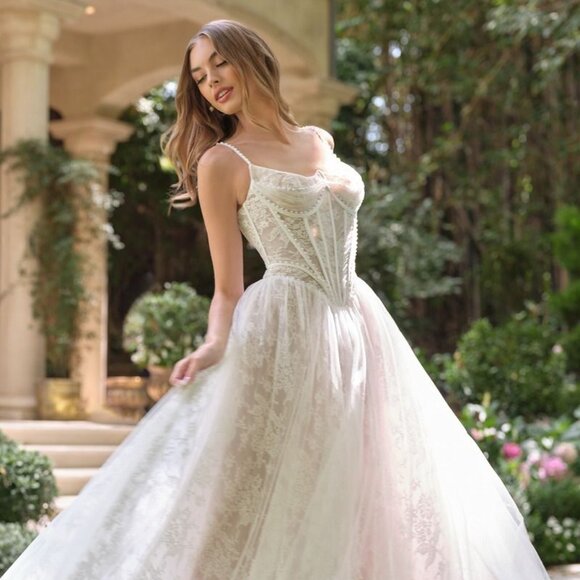 New Off White-Nude Floral Lace Embellished Wedding Tulle Ball Gown CD WL069 - Picture 7 of 13